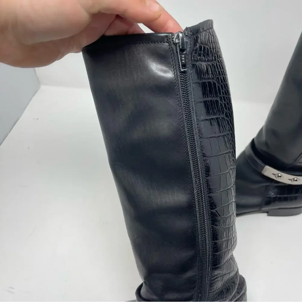Missouri girl Italian fur lined black crock leather embossed tall riding boots
